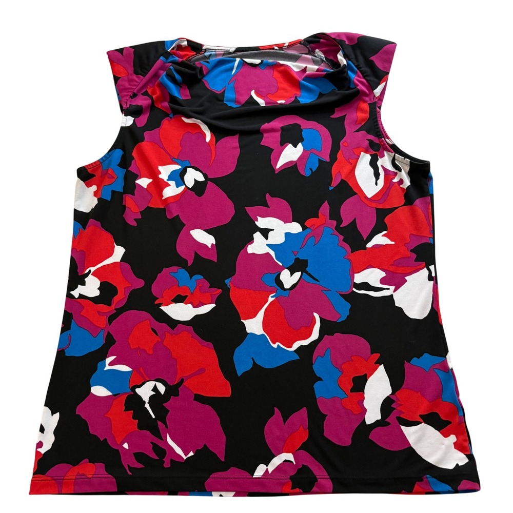 Floral Cowl Neck Sleeveless Blouse Red Magenta Blue Black Stretch Knit Top Ofce
